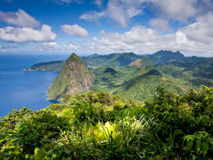 A hiker standing on the summit of Gros Piton in St. Lucia, with a breathtaking panoramic view of the island and the Caribbean Sea.