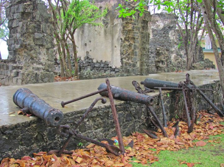 The remnants of historic military ruins and fortifications on Pigeon Island in St. Lucia, a testament to the island's pirate past.